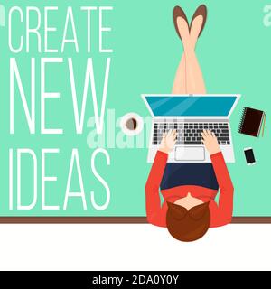 Vector illustrarion top view of woman sitting on the floor with computer and elements of workplace. Stock Vector