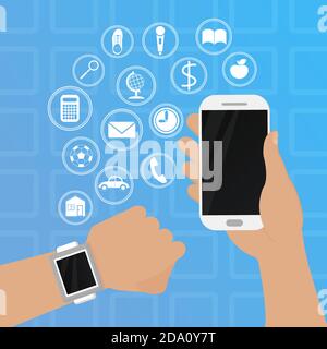 Smart watch on hand with phone vector illustration in flat sty. Illustration in flat style. Stock Vector