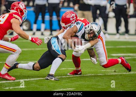 Kansas City, United States. 08th Nov, 2020. Kansas City Chiefs linebacker Ben Niemann (56) tackles Carolina Panthers running back Christian McCaffrey (22) in the first quarter at Arrowhead Stadium in Kansas City on Sunday, November 8, 2020. Photo by Kyle Rivas/UPI Credit: UPI/Alamy Live News Stock Photo