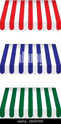 Striped colorful awnings set for shops, cafes and street restaurants, isolated on white background. Outside canopy from the sun. Vector cartoon Stock Vector