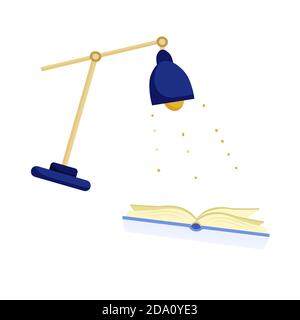 Open book and table lamp isolated on white background. Knowledge, education, studying concept. Vector flat illustration. Stock Vector