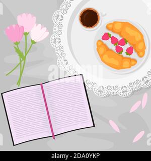 Vector illustration of morning coffee and sweets in bed with book, flowers and raspberry, croissant in flat cartoon style. Stock Vector