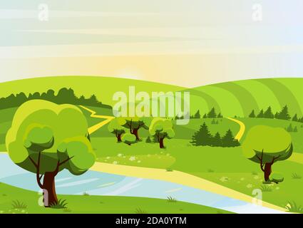 Cartoon flat style vector illustration of landscape with forests, hills, fields, river and trails. Spring or summer view. Stock Vector