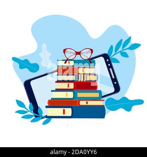 Online electronic library in smartphone. Stack of books with glasses next to the phone. Education concept. Vector flat illustration. Stock Vector