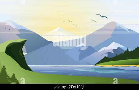 Vector flat illustration of nature background with grass, lake forest, mountains and hills. Outdoor activities. Stock Vector