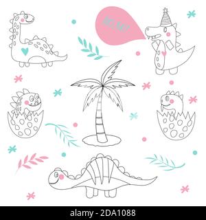 Set outline cute dinosaur, pink and blue simple shapes, isolated on white background. Child concept. Vector flat illustration. Stock Vector