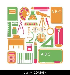 Vector illustration of school icons and elements in flat cartoon style. Stock Vector
