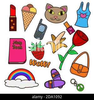 Vector illustration colorful set of patches. Decorative vintage hippie style stickers collection. Stock Vector