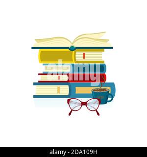Open book on stack of books, near glasses and cup with coffee, isolated on white background. Knowledge, education, studying concept. Vector flat Stock Vector