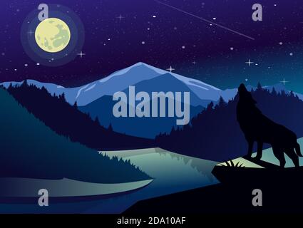 Vector landscape illustration with mountains and forests in night time. Wolf on the top of mountain howling at the moon on background of river view Stock Vector