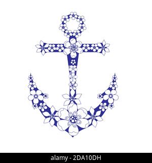 Anchor decorated with flowers, isolated on white background, marine concept. Hand drawn vector illustration in vintage style. Stock Vector