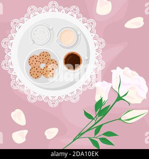 Vector illustration of morning coffee, milk, sugar and sweets in bed with flowers and biscuits with chocolate drops, on pink background in flat Stock Vector