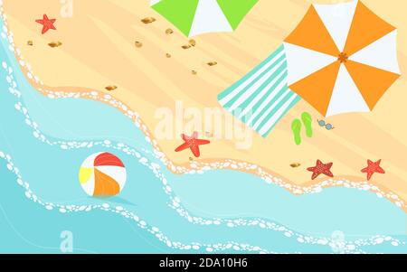 Vector illustration of top view on beach, sand, towel, umbrellas, slippers and ball on the blue ocean water. Summer illustration in cartoon flat style Stock Vector