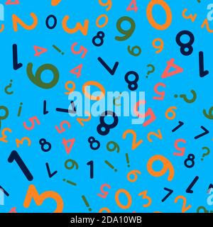 Seamless pattern with multicolored numbers, question mark and exclamation mark on blue background. Education concept. Vector flat illustration. Stock Vector