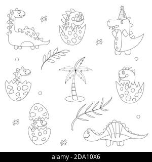 Set outline cute dinosaur, isolated on white background. Child concept. Vector flat illustration. Stock Vector