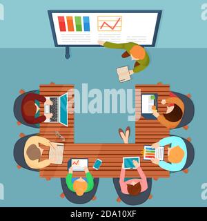 Vector top view illustration in flat style of people sitting and working with laptops and documents, watching presentation on screen. Stock Vector