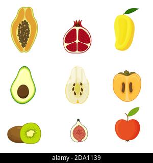 Set of fruits are apple, papaya, mango, avocado, pomegranate, fig, kiwi, quince, persimmon. Cute bright colors of fruits vector collections, flat Stock Vector