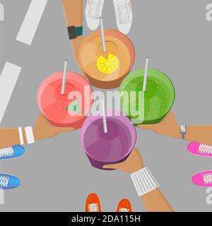 Sport girls holging smoothies in hands top view vector illustration. Smoothie to go. Organic fruit shake. Stock Vector