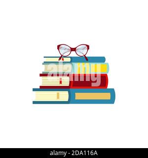 Stack of books with glasses on white background. Knowledge, education, studying concept. Vector flat illustration. Stock Vector