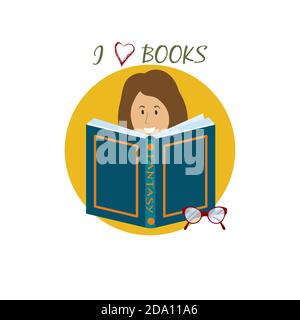 Open book, glasses and woman reading, the phrase I love books. Knowledge, education, studying concept. Vector flat illustration. Stock Vector