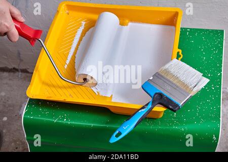 Construction painting supplies for home repair, paint roller and paintbrush into tray with dye. Stock Photo