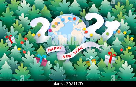 Modern paper cut banner with Earth globe and 2021 numbers. Seamless fir-tree pattern. Happy New Year 2021 and Christmas design. Vector paper cut illustration. Stock Vector