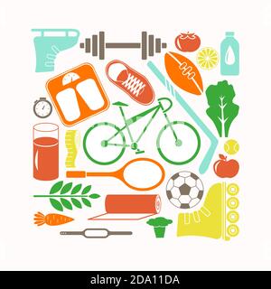 Healthy lifestyle and sport icons set vector illustration in cartoon flat style. Stock Vector