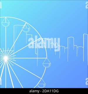 Modern city skyline background flat style vector illustration. Buildings cityscape with ferris wheel. Stock Vector