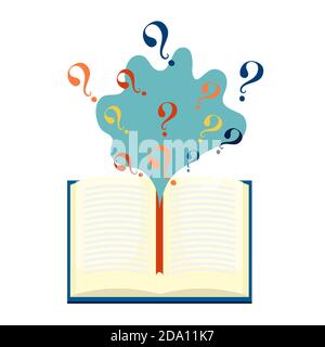 Open black book with multicolored question marks flying out, isolated on white background. Knowledge, education, studying concept. Vector flat Stock Vector