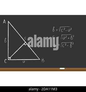 Pythagorean theorem on black school board. Knowledge, education, studying concept. Vector flat illustration. Stock Vector