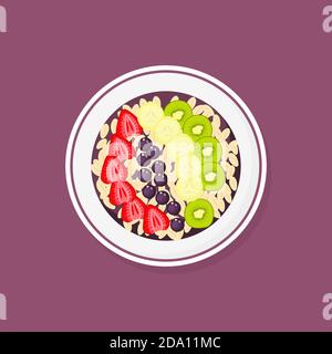 Acai smoothie bowl with strawberries, banana, kiwi, granola. Healthy natural breakfast. Vector flat illustration. Stock Vector
