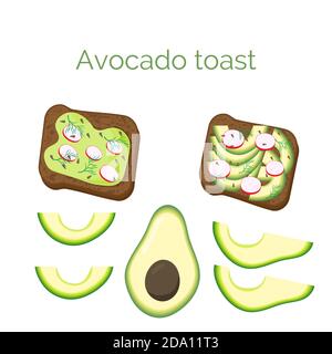 Set avocado toast. Sandwich with bread, avocado, radish, dill and sesame seeds, isolated on white background. Organic healthy food. Vector cartoon Stock Vector