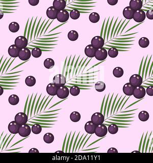 Seamless pattern with superfood acai berries, branches and leaves. Organic healthy food. Vector flat illustration. Stock Vector