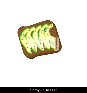 Avocado toast. Sandwich with bread, avocado, dill and sesame seeds, isolated on white background. Organic healthy food. Vector cartoon illustration. Stock Vector