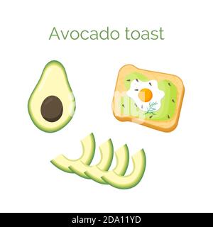 Avocado toast. Sandwich with bread, avocado, egg, dill and sesame seeds, isolated on white background. Organic healthy food. Vector cartoon Stock Vector