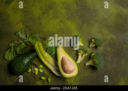 Green food background. Selection of healthy food for heart, life concept. Free space. Space for text. Stock Photo