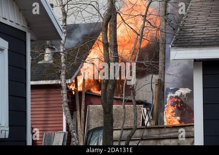 Blazing garage fire. Stock Photo