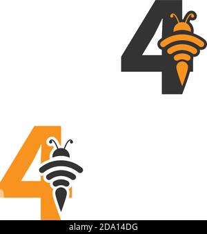 Number4  bee icon  creative design logo illustration Stock Vector