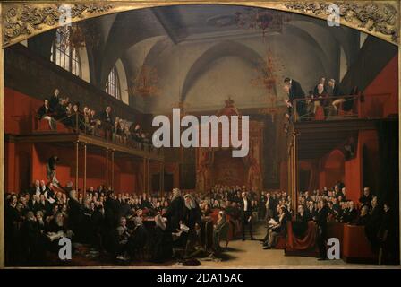 The House of Lords, 1820. The Trial of Queen Caroline. Painting by Sir George Hayter (1792-1871). Oil on canvas, 1820-1823. Portrayed: William, Duke of Clarence (1765-1837), later William IV; Theodore Majocchi; Arthur Wellesley (1769-1852), 1st Duke of Wellington;  Thomas Denman (1779-1854), 1st Baron Denman; Henry Brougham (1778-1868), 1st Baron Brougham and Vaux;  Queen Caroline (1768-1821); Charles Grey (1764-1845), 2nd Earl Gray; George Agar Ellis (1797-1833), 1st Baron Dover; Sir George Hayter (1792-1871). National Portrait Gallery. London, England, United Kingdom. Stock Photo