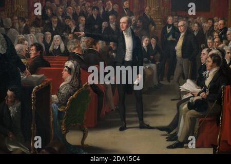 The House of Lords, 1820. The Trial of Queen Caroline. Painting by Sir George Hayter (1792-1871). Oil on canvas, 1820-1823. Detail. Portrayed: Queen Caroline (1768-1821), seated;  Charles Grey (1764-1845), 2nd Earl Grey (standing, pointing fingers). National Portrait Gallery. London, England, United Kingdom. Stock Photo