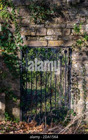 an old iron gate in a wall of a walled garden on a wall covered in ivy and climbing plants