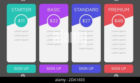 Pricing table design template with four subscription options for website or app. User interface vector. Stock Vector