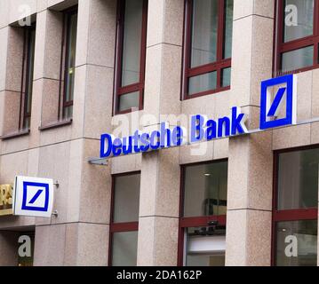 DEUTSCHE Bank logo, Germany.Deutsche Bank AG is a German global banking and financial services company with its headquarters in Frankfurt. Stock Photo