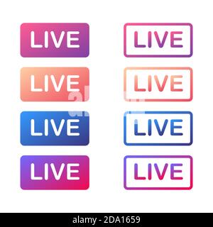 Live video stream buttons icon set. Colourful gradient frames with LIVE text vector illustration. Stock Vector