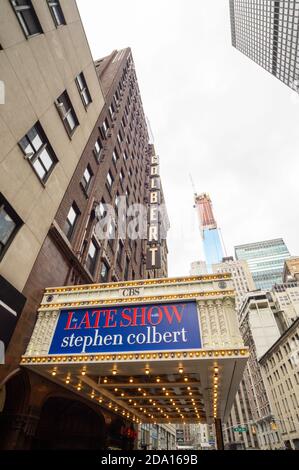 Ed Sullivan Theater, 1697 Broadway, with Colbert Marquee - The late show with Stephen Colbert, new York City, broadway, March 2019 Stock Photo