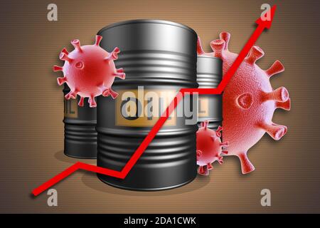 Three oil barrels with a red up arrow. Rising oil prices Stock Photo