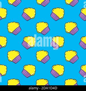 Yellow cupcake, seamless pattern on a blue background. Stock Vector