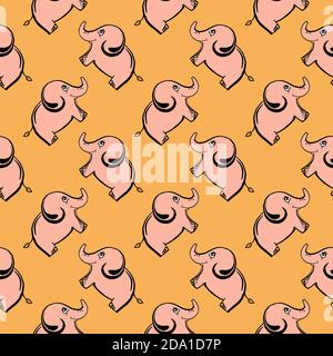 Cute elephants, seamless pattern on a orange background. Stock Vector