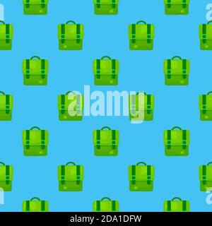 Green backpack , seamless pattern on a blue background. Stock Vector