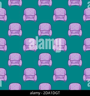 Purple armchair , seamless pattern on a green background. Stock Vector